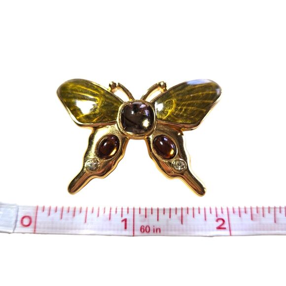 Monet Gold-Tone Enamel Butterfly Brooch Pin Amber Cabochon Moth Figural 90s Vtg - Picture 6 of 7